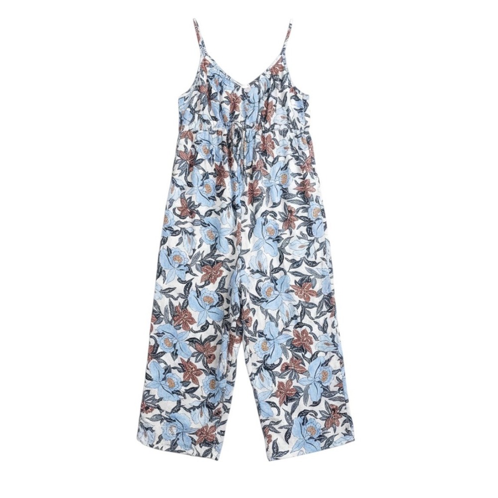 Old Navy Maternity Floral Linen Blend Wide Leg‎ Jumpsuit Blue Brown Medium